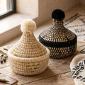 Mini Handmade Moroccan Berber Rattan and Wool Storage Basket